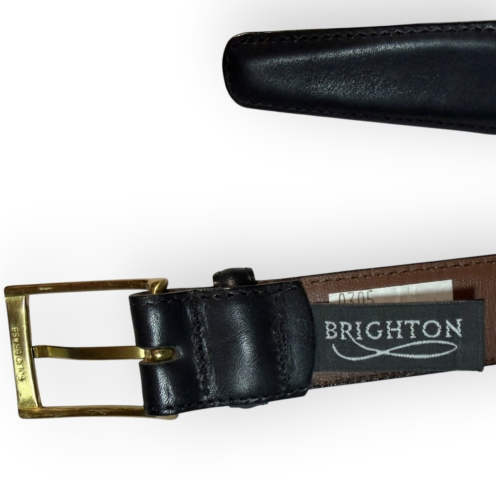 Brighton Mens Black Leather Belt Solid Brass Buckle Glazed Cowhide